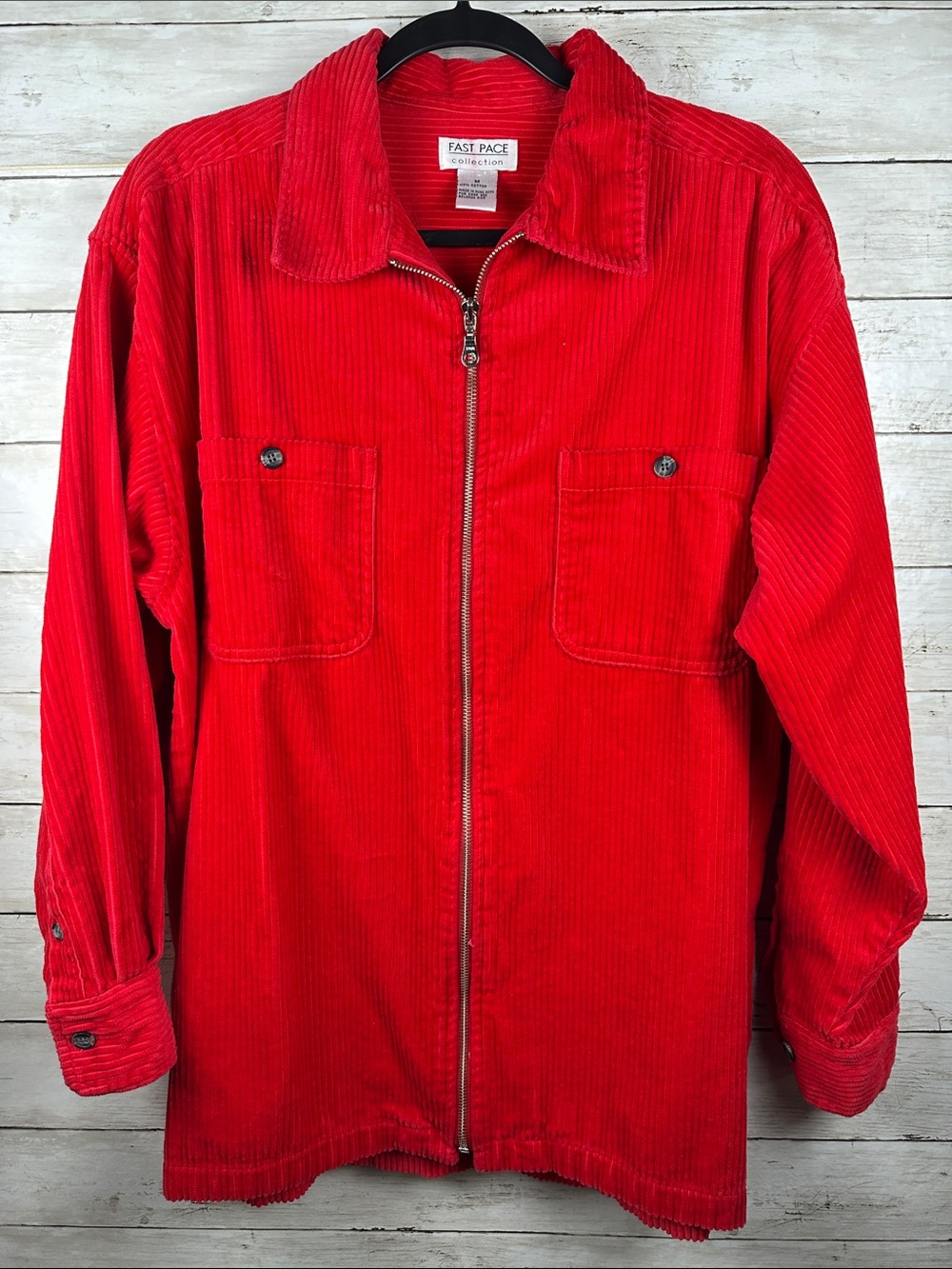Vintage 90s Fast Pace Red Corduroy Zip Up Shirt Jacket Shacket Medium 100%Cotton
